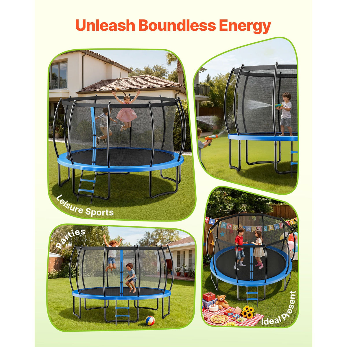 Outdoor Trampoline, 16FT Recreational Trampoline, ASTM Approved Trampolines with Enclosure Net & Thickened Pad, Max 475 lbs Weight Capacity, Anti-Rust Backyard Trampolines for Kids & Adults