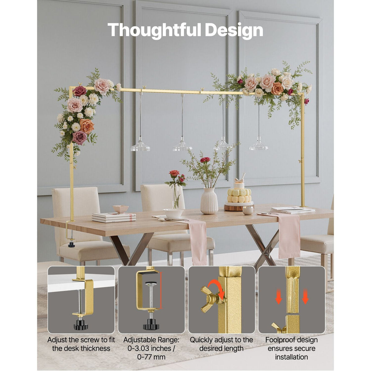 Over The Table Rod Stand with Clamps, 13"-42" Tall & 28"-98" Length Adjustable, Metal Table Arch Stand, Tabletop Balloon Arch Frame for Wedding Birthday Party Christmas Decorations, Gold
