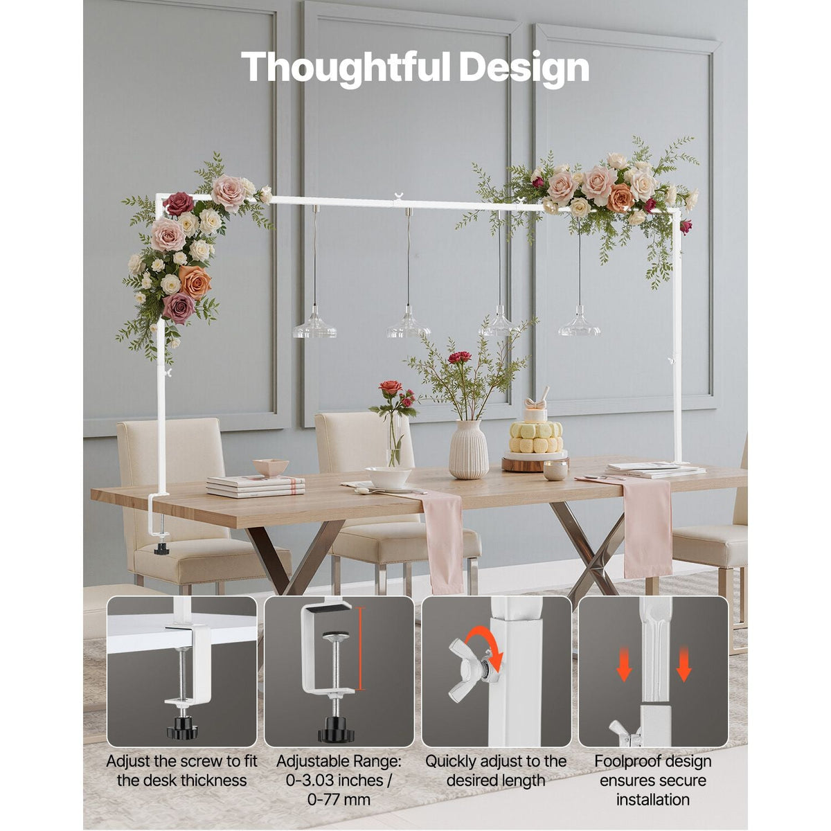 Over The Table Rod Stand with Clamps, 13"-42'' Tall & 28"-98" Length Adjustable, Metal Table Arch Stand, Tabletop Balloon Arch Frame for Wedding Birthday Party Christmas Decorations, White