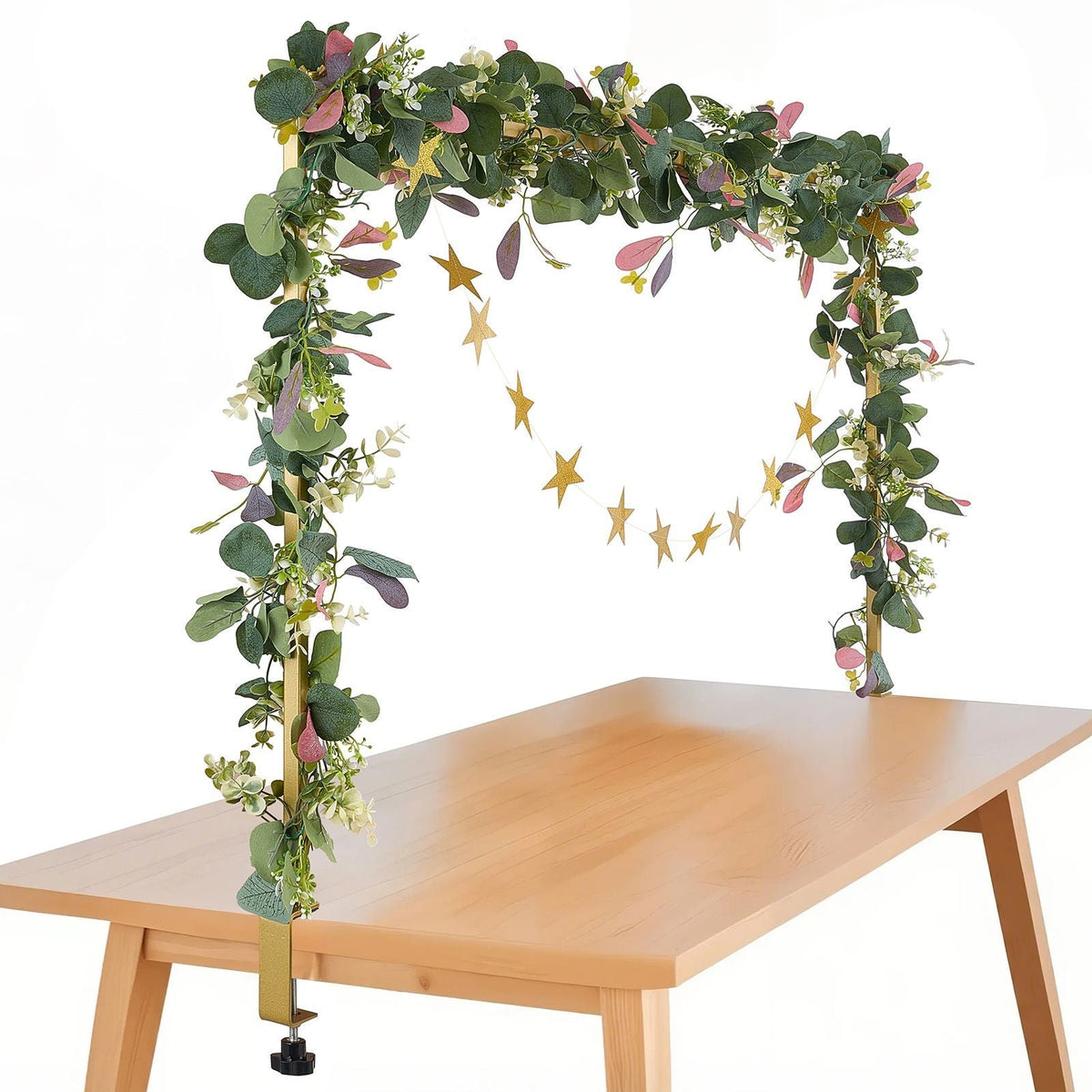 Over The Table Rod Stand with Clamps, 13"-42" Tall & 28"-98" Length Adjustable, Metal Table Arch Stand with Rattan, Tabletop Balloon Arch Frame for Wedding Birthday Christmas Decorations, Gold