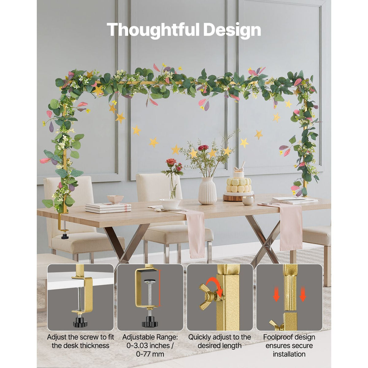 Over The Table Rod Stand with Clamps, 13"-42" Tall & 28"-98" Length Adjustable, Metal Table Arch Stand with Rattan, Tabletop Balloon Arch Frame for Wedding Birthday Christmas Decorations, Gold