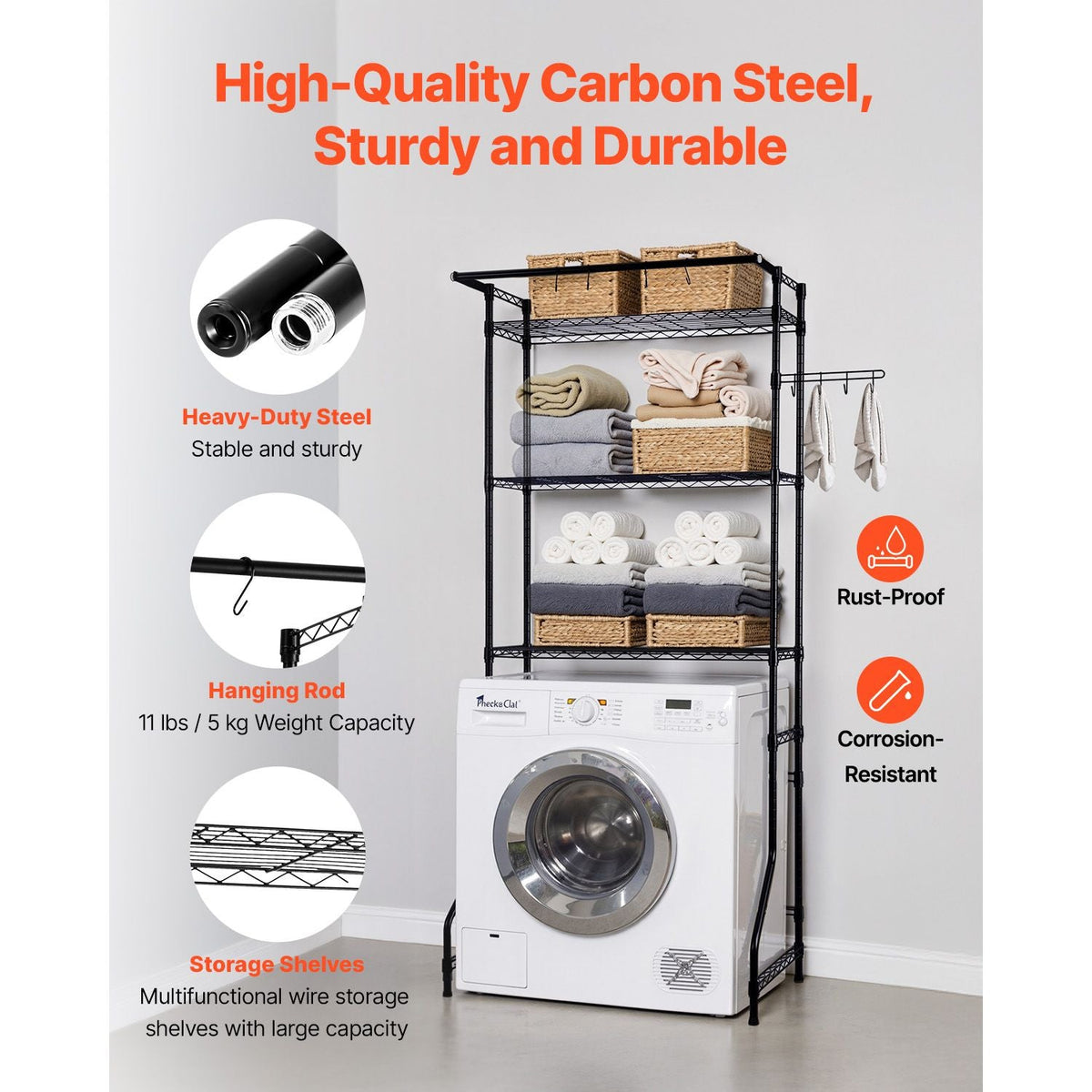 Over Washer and Dryer Storage Shelf, 3 Tiers Laundry Room Drying Rack with Hanger Rod and Hooks, Single Row Adjustable Washer Shelves Space Saver, for Laundry Room Storage & Organization, Black