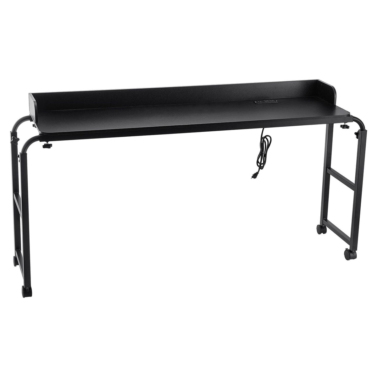 Overbed Table, Mobile Bed Side Table with 4 Wheels (2 with Brakes) and Power Socket, Height Adjustable Rolling Laptop Desk, Portable Particleboard Over Bed Desk for Home, Office, Study, Black