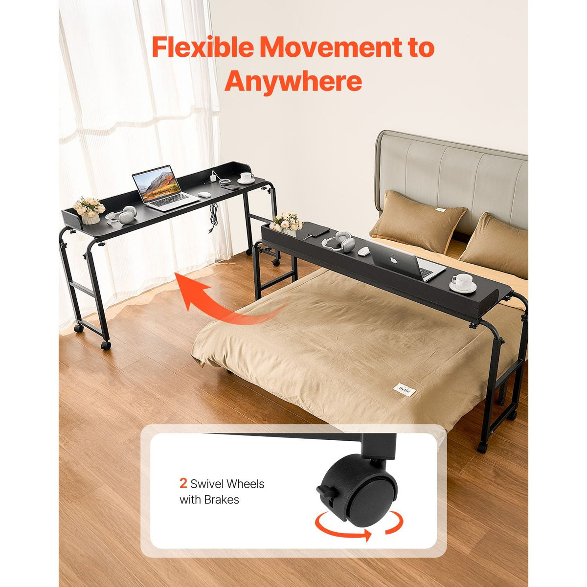 Overbed Table, Mobile Bed Side Table with 4 Wheels (2 with Brakes) and Power Socket, Height Adjustable Rolling Laptop Desk, Portable Particleboard Over Bed Desk for Home, Office, Study, Black