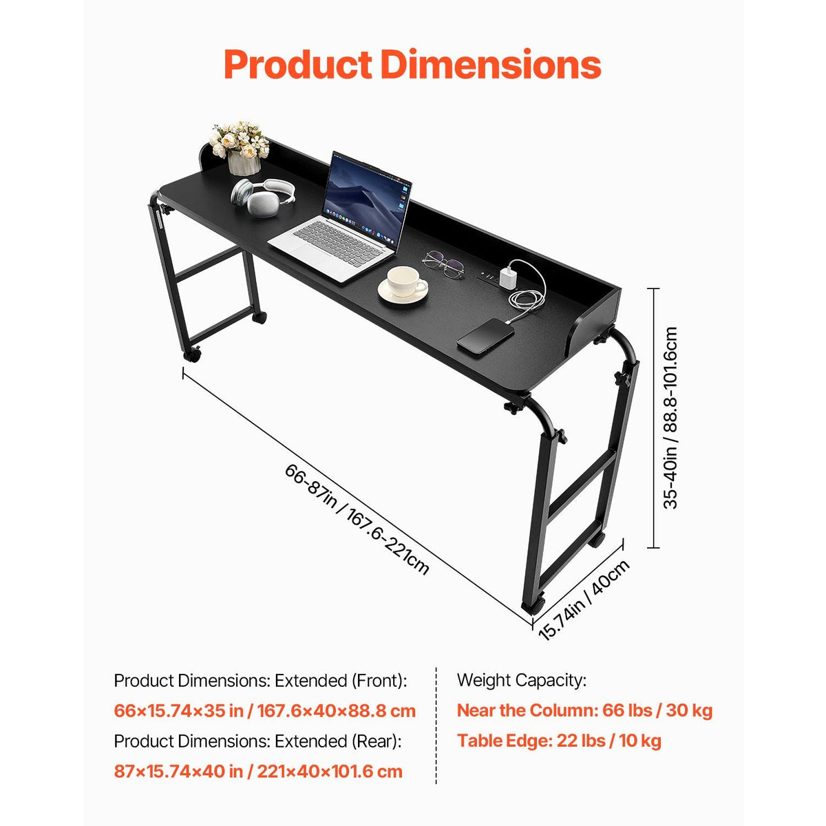Overbed Table, Mobile Bed Side Table with 4 Wheels (2 with Brakes) and Power Socket, Height Adjustable Rolling Laptop Desk, Portable Particleboard Over Bed Desk for Home, Office, Study, Black