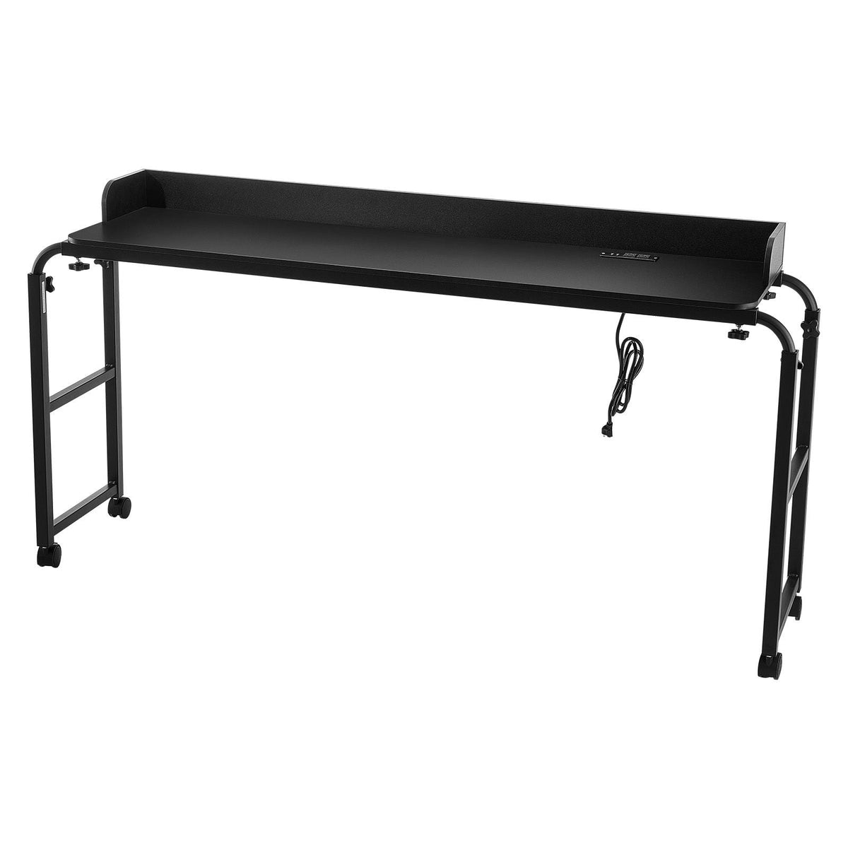 Overbed Table, Mobile Bed Side Table with 4 Wheels (2 with Brakes) and Power Socket, Height Adjustable Rolling Laptop Desk, Portable Particleboard Over Bed Desk for Home, Office, Study, Black