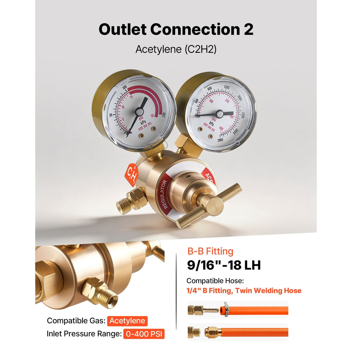 Oxygen Acetylene Regulator Set, Oxy-Acetylene Regulators, 0-4000PSI and 0-400PSI Welding Gas Gauges with CGA-540/CGA-200 Inlet Connection & 9/16"-18 Outlet Connection, T-Handle Adjustment