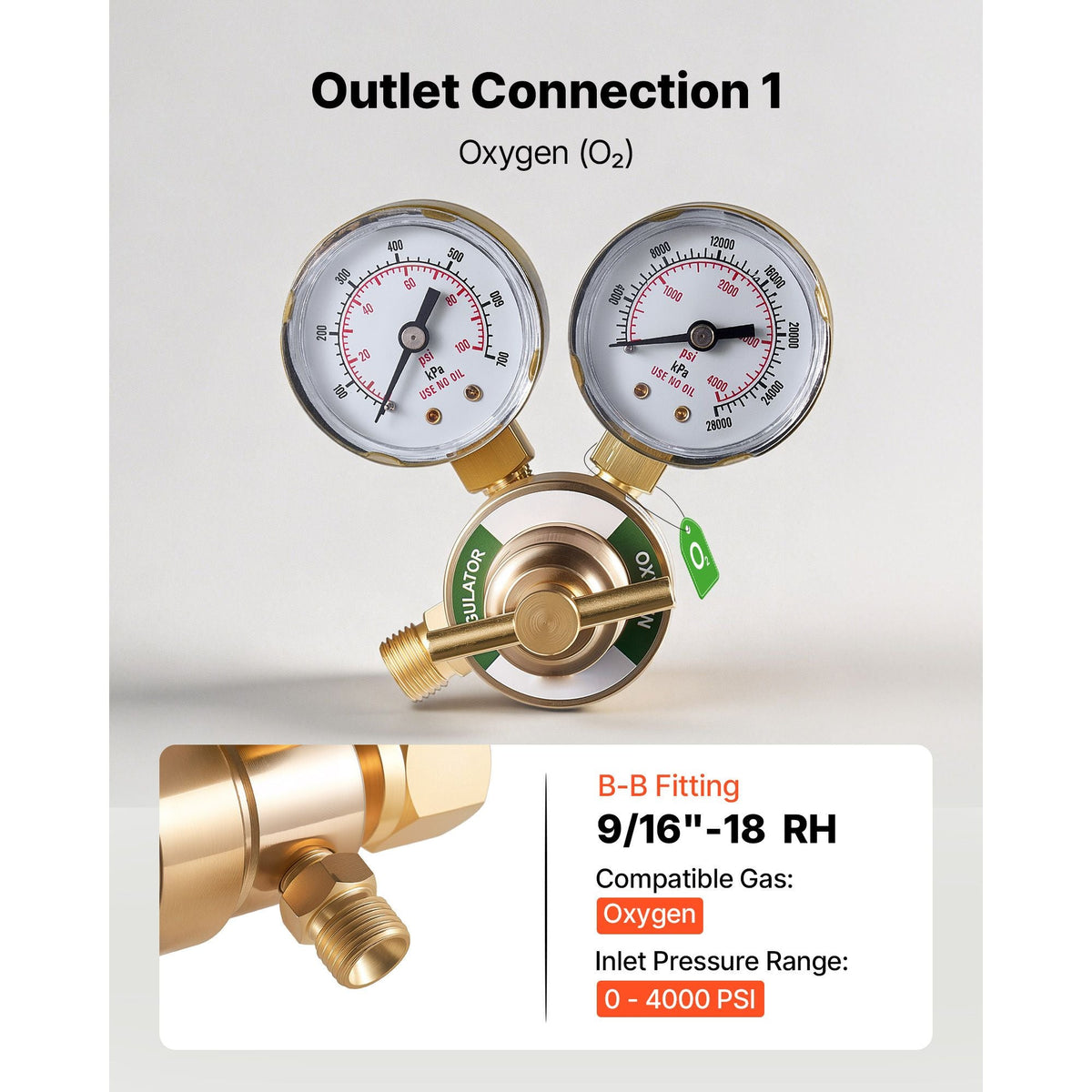 Oxygen Acetylene Regulator Set, Oxy-Acetylene Regulators, 0-4000PSI and 0-400PSI Welding Gas Gauges with CGA-540/CGA-200 Inlet Connection & 9/16"-18 Outlet Connection, T-Handle Adjustment