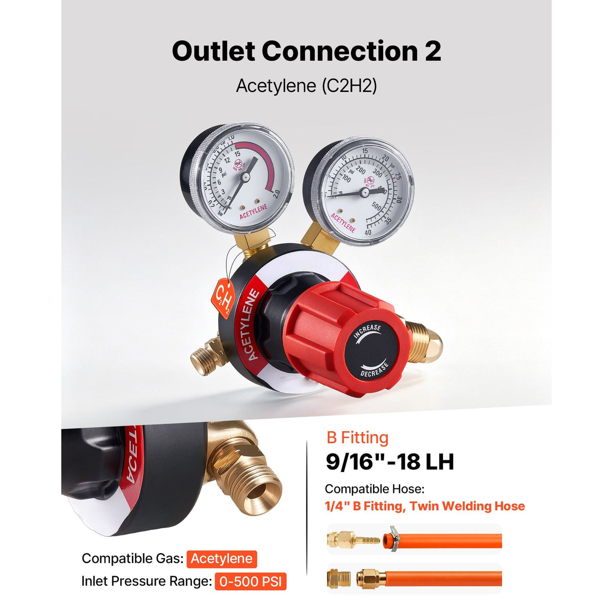 Oxygen Acetylene Regulator Set, Oxy-Acetylene Regulators, 0-4000PSI and 0-500PSI Welding Gas Gauges with CGA-540/CGA-510 Inlet Connection & 9/16"-18 Outlet Connection, PC Knob Adjustment