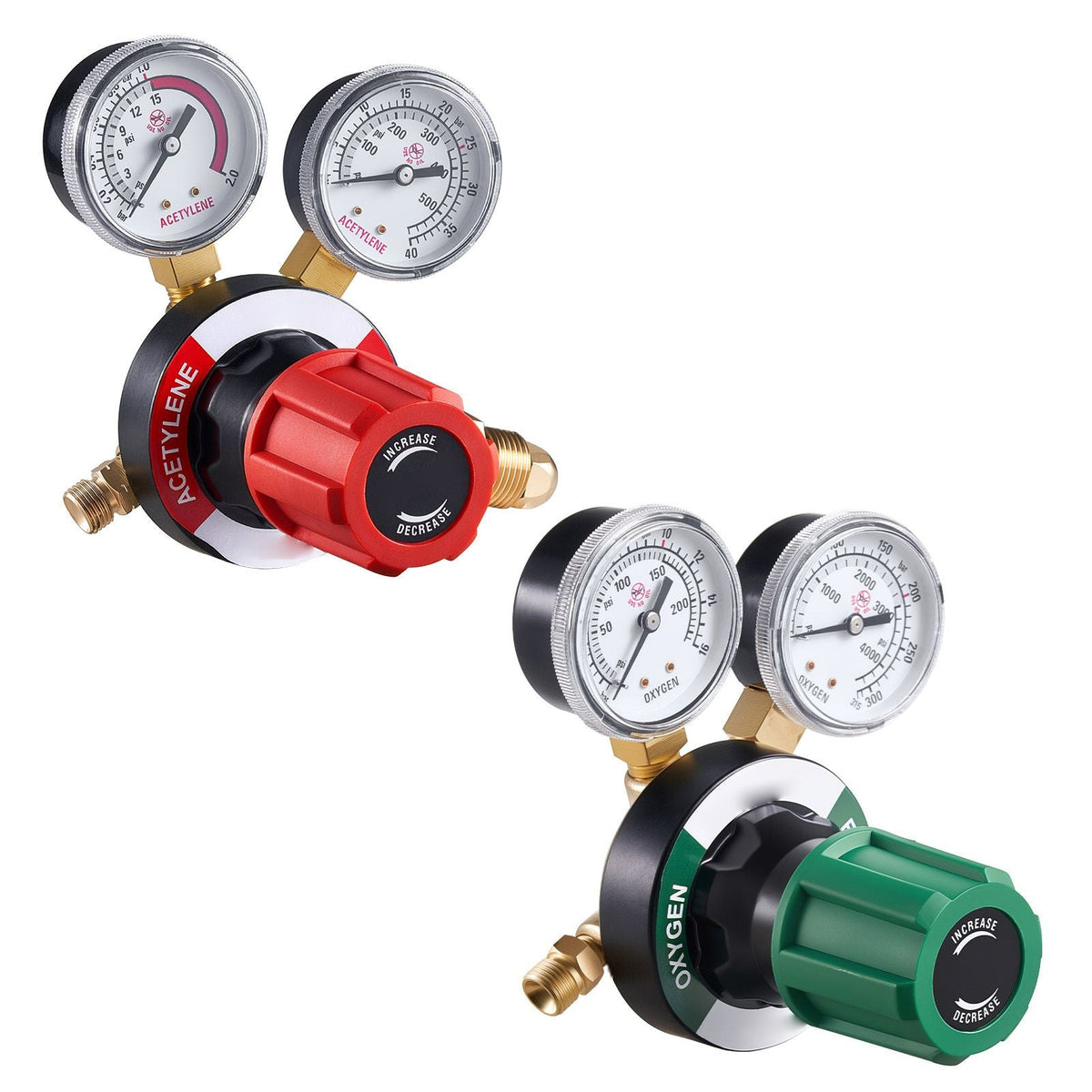 Oxygen Acetylene Regulator Set, Oxy-Acetylene Regulators, 0-4000PSI and 0-500PSI Welding Gas Gauges with CGA-540/CGA-510 Inlet Connection & 9/16"-18 Outlet Connection, PC Knob Adjustment