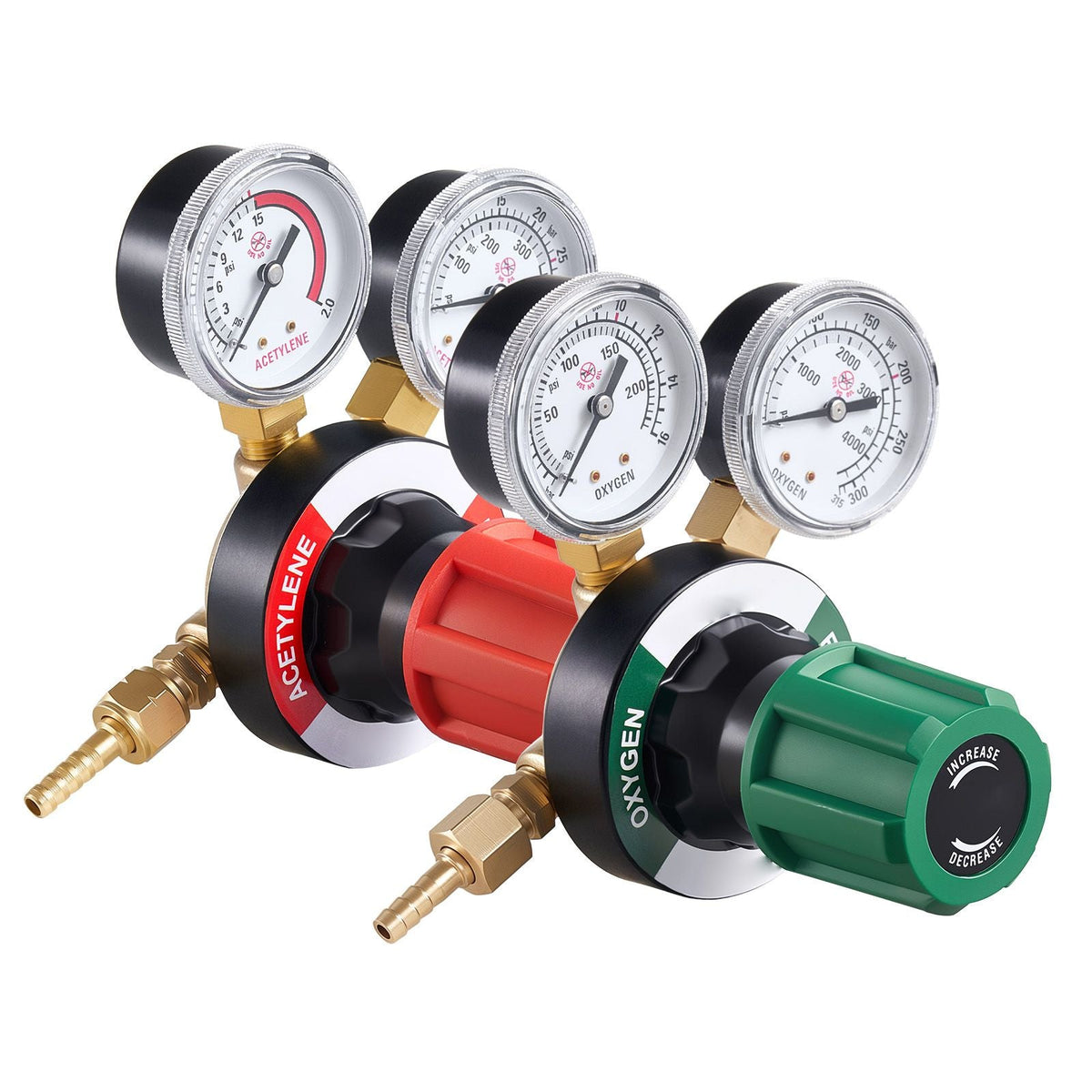 Oxygen Acetylene Regulator Set, Oxy-Acetylene Regulators, 0-4000PSI and 0-500PSI Welding Gas Gauges with CGA-540/CGA-510 Inlet Connection & 9/16"-18 Outlet Connection, PC Knob Adjustment