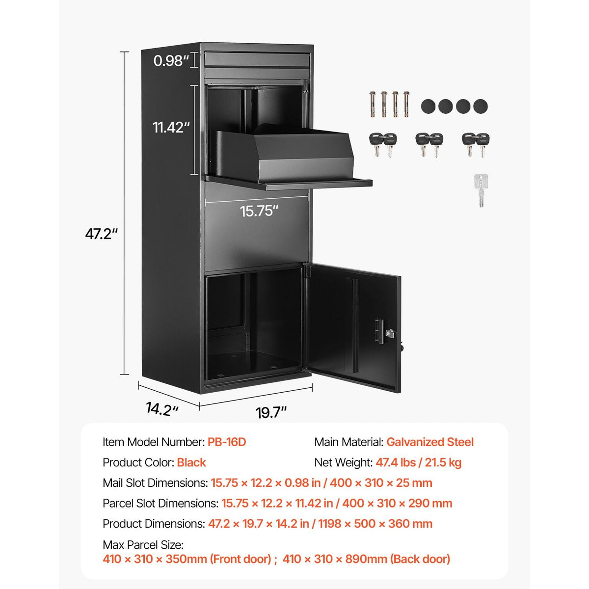 Package Delivery Boxes for Outside, 47.2 in Mailbox for Parcel with Lock, Galvanized Steel Package Drop Box with Anti-Theft Design, Weather-Resistant Package Mailbox for Home and Office, Black