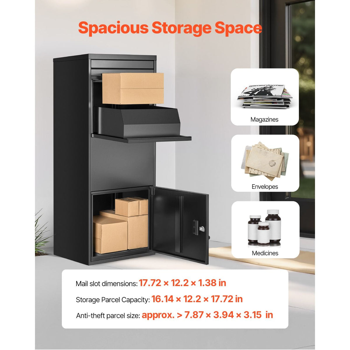 Package Delivery Boxes for Outside, 47.2 in Mailbox for Parcel with Lock, Galvanized Steel Package Drop Box with Anti-Theft Design, Weather-Resistant Package Mailbox for Home and Office, Black