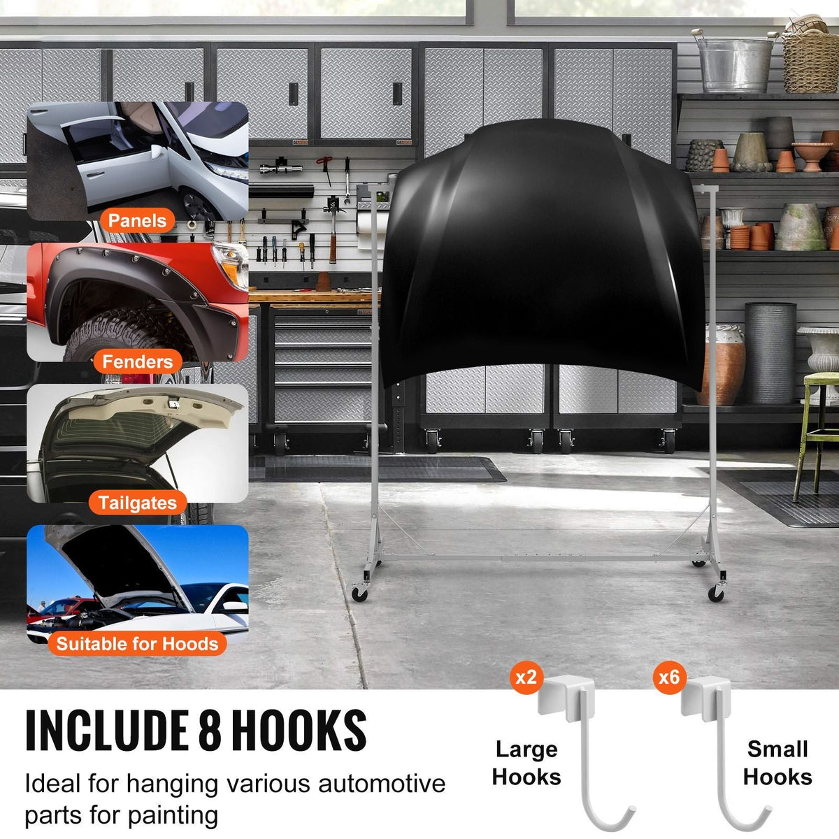 Painting Rack, 5 ft-7 ft Adjustable Height, 66 lbs Capacity Automotive Paint Rack Stand, 8 Hooks Painting Drying Rack with 4 Swiveling Wheels, Auto Body Stand for Auto Repair Shops & Garage