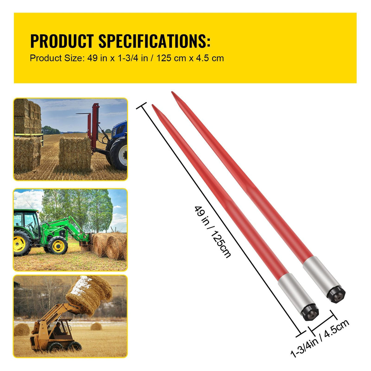 Pair Hay Spear 49" Bale Spear 3000 lbs Capacity, Bale Spike Quick Attach Square Hay Bale Spears 1 3/4", Red Coated Bale Forks, Bale Hay Spike with Hex Nut & Sleeve for Buckets Tractors Loaders