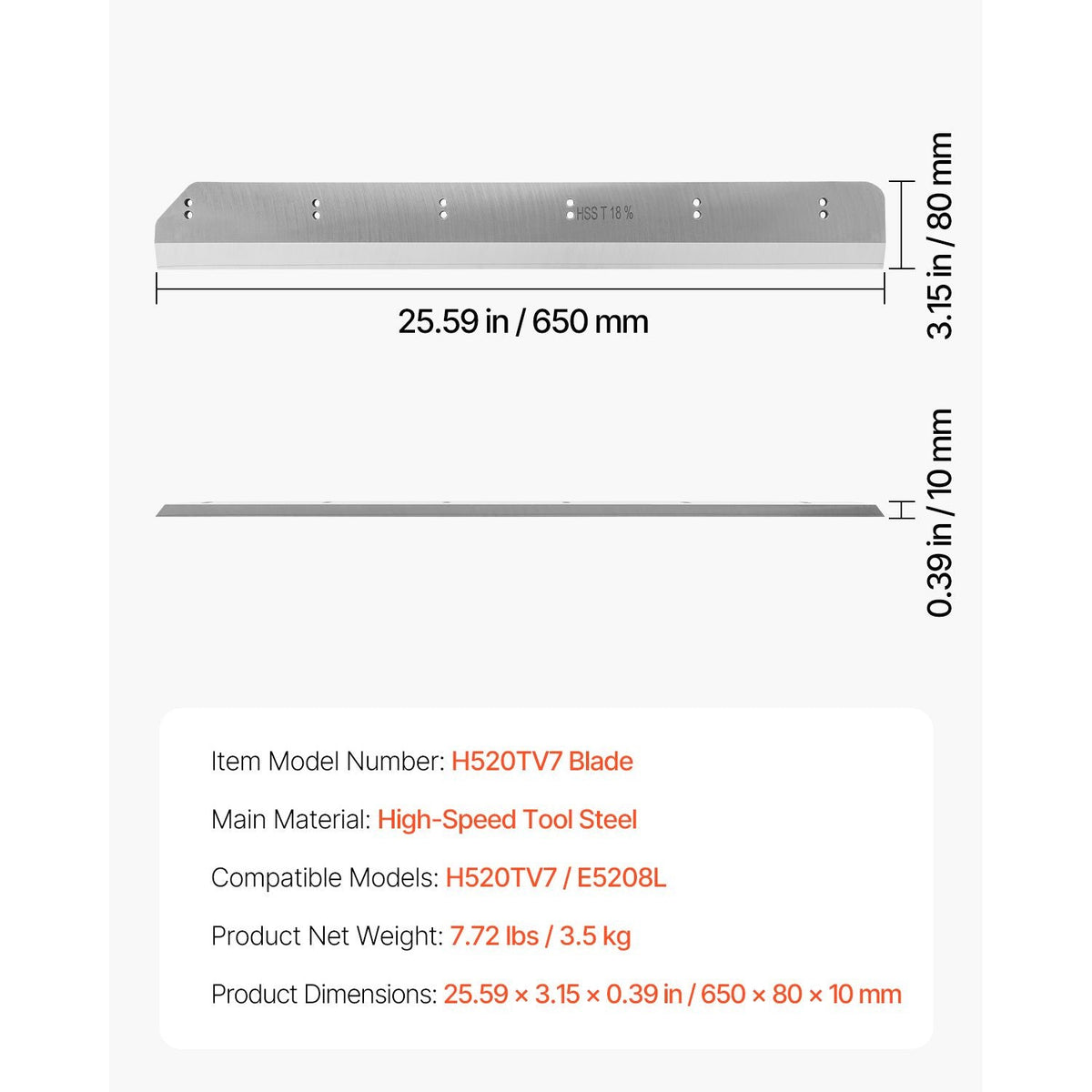 Paper Cutter Blade, Heavy Duty Steel Blade Replacement Suitable for Professional Cutter H520TV7/E5208L, Paper Trimmer Machine Spare Blade,650 x 80 x 10 mm