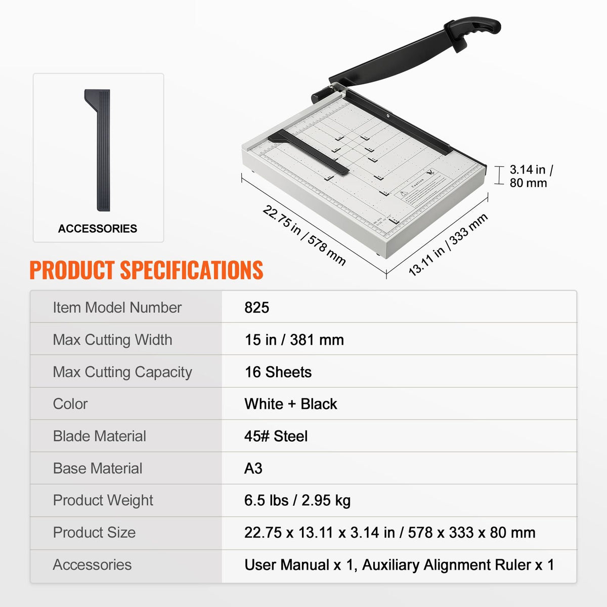 Paper Cutter, Guillotine Trimmer, 15" Cut Length, 16 Sheets Capacity, Heavy Duty Guillotine Paper Cutter with Guard Rail/Blade Lock for Cardstock/Cardboard, Paper Trimmer for Home Office School