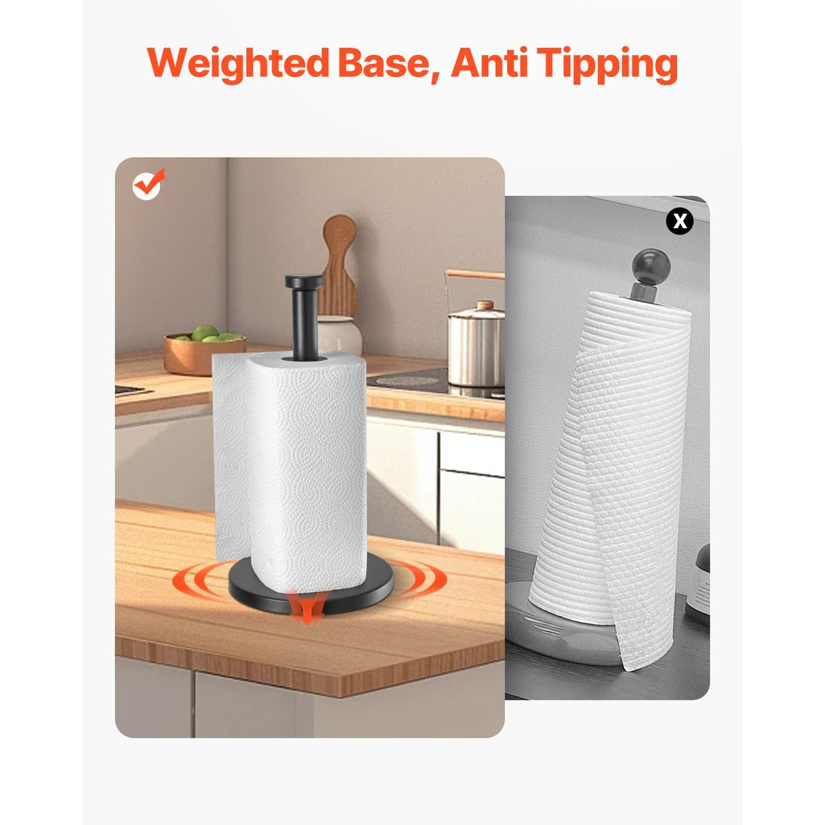 Paper Towel Holder Countertop, Stainless Steel Kitchen Paper Towel Stand with Weighted Base and Suction Cups, Non-slip Countertop Kitchen Paper Roll Holders for Kitchen Bathroom