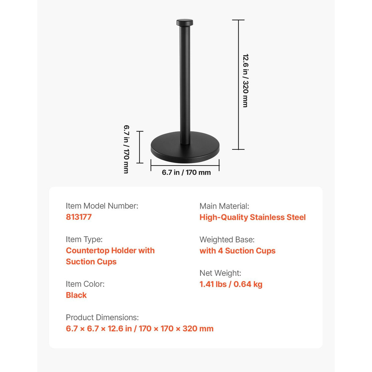 Paper Towel Holder Countertop, Stainless Steel Kitchen Paper Towel Stand with Weighted Base and Suction Cups, Non-slip Countertop Kitchen Paper Roll Holders for Kitchen Bathroom