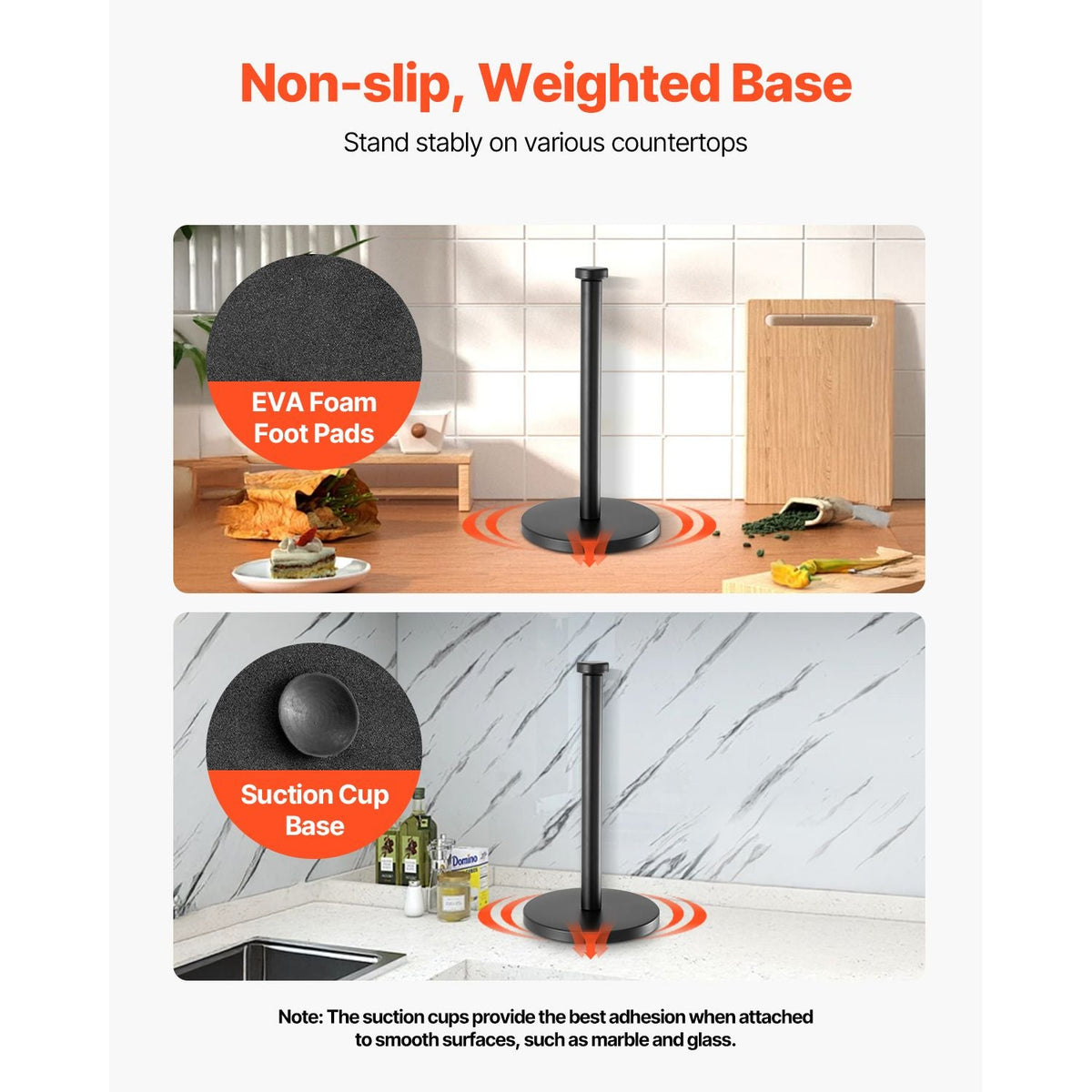 Paper Towel Holder Countertop, Stainless Steel Kitchen Paper Towel Stand with Weighted Base and Suction Cups, Non-slip Countertop Kitchen Paper Roll Holders for Kitchen Bathroom