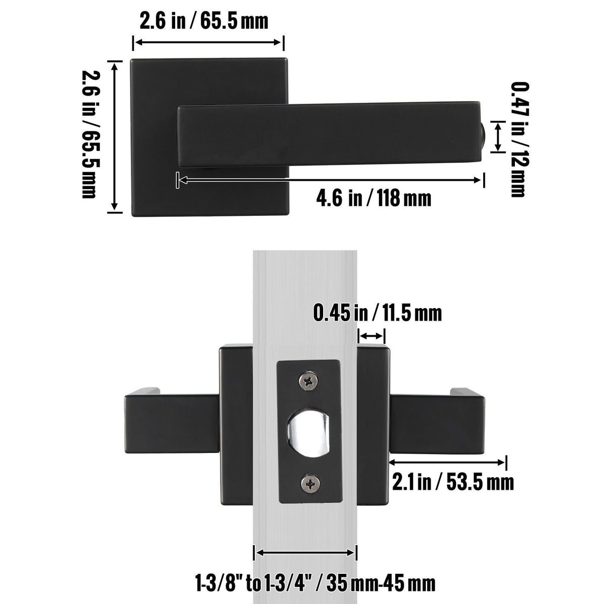 Passage Door Handle, 1 Pack Matte Black Door Lever, Left or Right Handing Reversible Lever Non-Locking, 45° Rotation to Open, Universal Square Interior for Hallways, Closets, Meeting Spaces