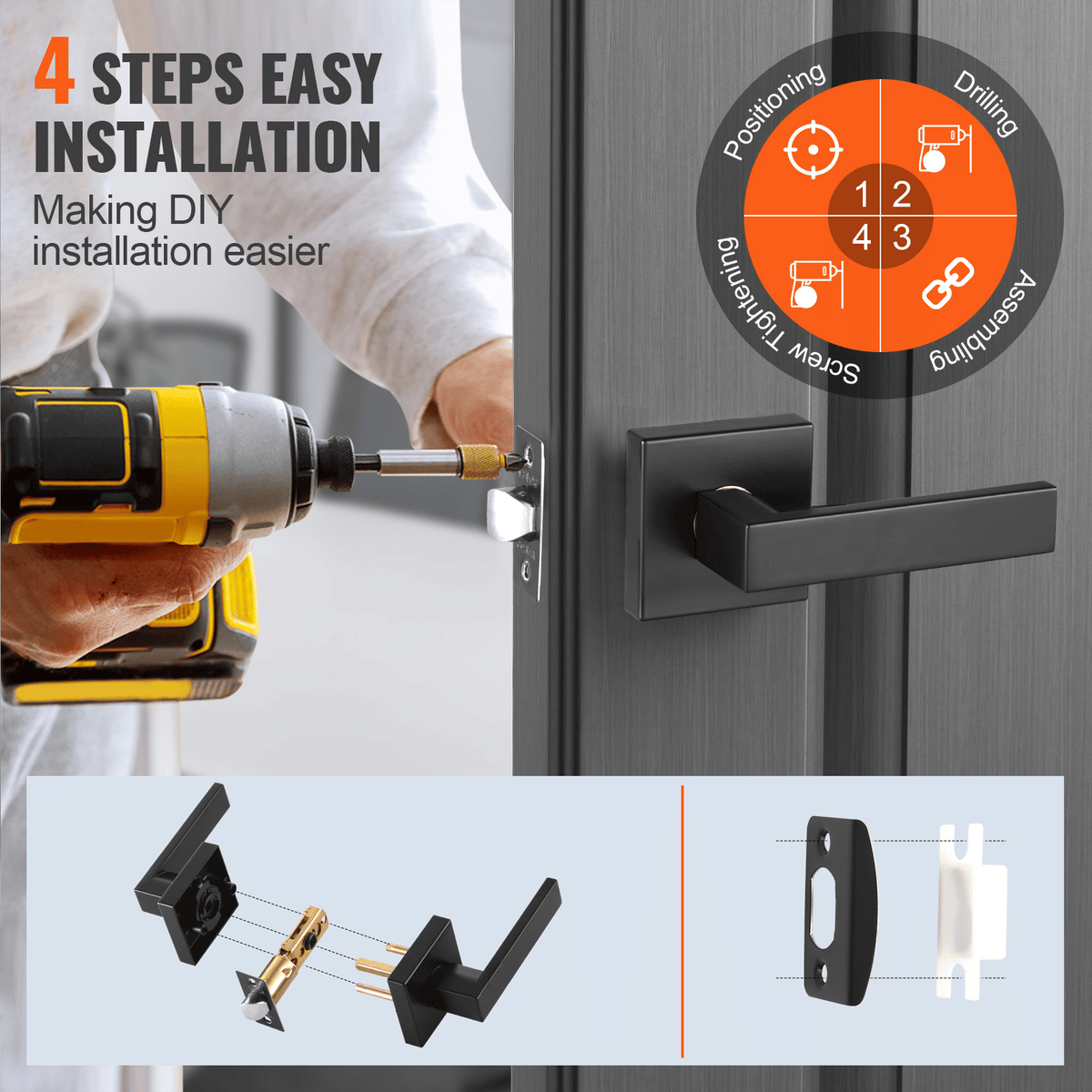 Passage Door Handle, 6 Pack Matte Black Door Lever, Left or Right Handing Reversible Lever Non-Locking, 45° Rotation to Open, Universal Square Interior for Hallways, Closets, Meeting Spaces