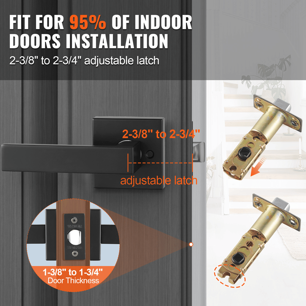 Passage Door Handle, 6 Pack Matte Black Door Lever, Left or Right Handing Reversible Lever Non-Locking, 45° Rotation to Open, Universal Square Interior for Hallways, Closets, Meeting Spaces