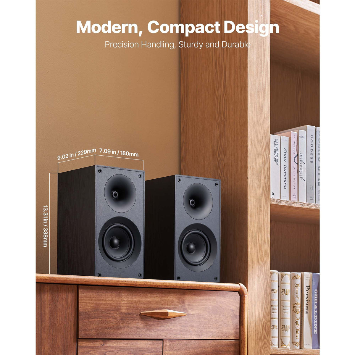 Passive Bookshelf Speaker, 300W, Book Shelf Stereo Speakers with 5.25-Inch Woofer and 1-Inch Tweeter, Detachable Grille, 65Hz-20KHz Frequency Response, Wooden Enclosure (1 Pair)