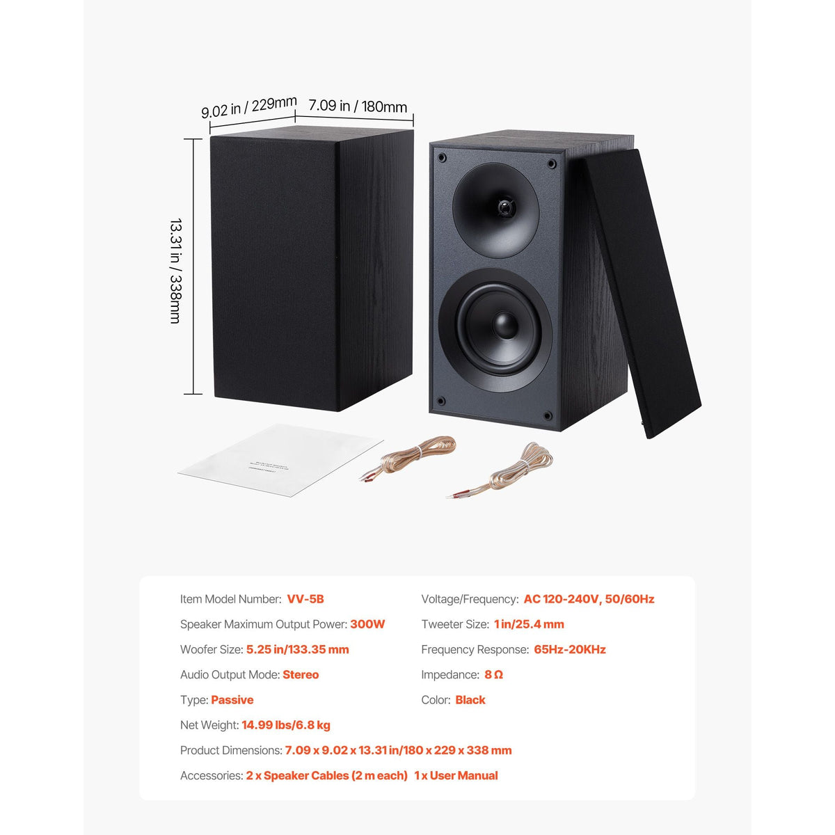 Passive Bookshelf Speaker, 300W, Book Shelf Stereo Speakers with 5.25-Inch Woofer and 1-Inch Tweeter, Detachable Grille, 65Hz-20KHz Frequency Response, Wooden Enclosure (1 Pair)