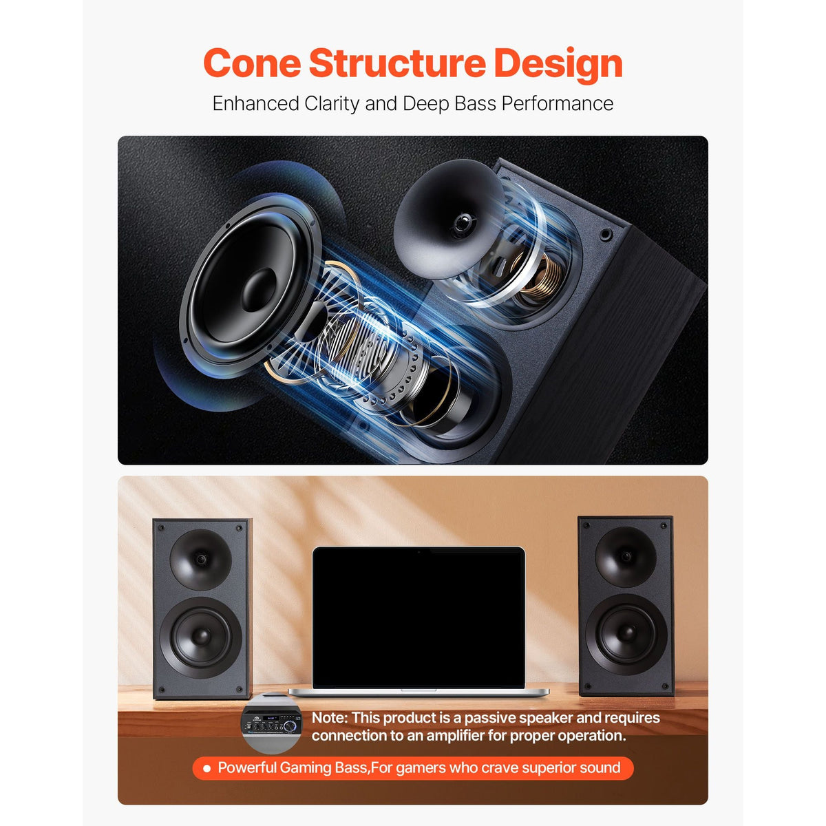 Passive Bookshelf Speaker, 300W, Book Shelf Stereo Speakers with 5.25-Inch Woofer and 1-Inch Tweeter, Detachable Grille, 65Hz-20KHz Frequency Response, Wooden Enclosure (1 Pair)