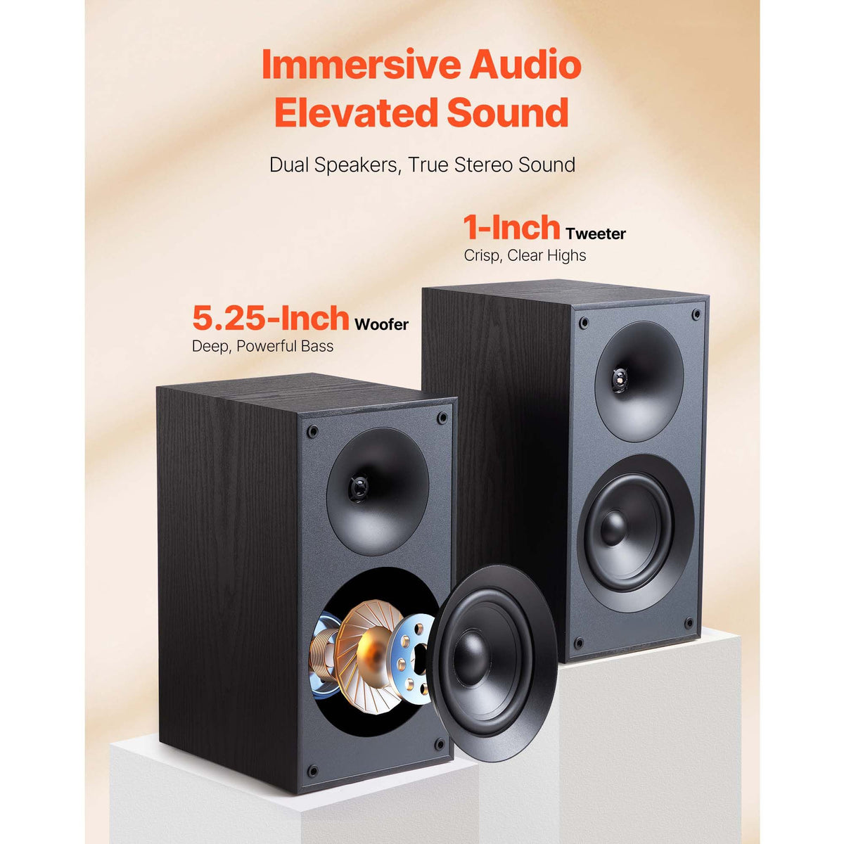 Passive Bookshelf Speaker, 300W, Book Shelf Stereo Speakers with 5.25-Inch Woofer and 1-Inch Tweeter, Detachable Grille, 65Hz-20KHz Frequency Response, Wooden Enclosure (1 Pair)
