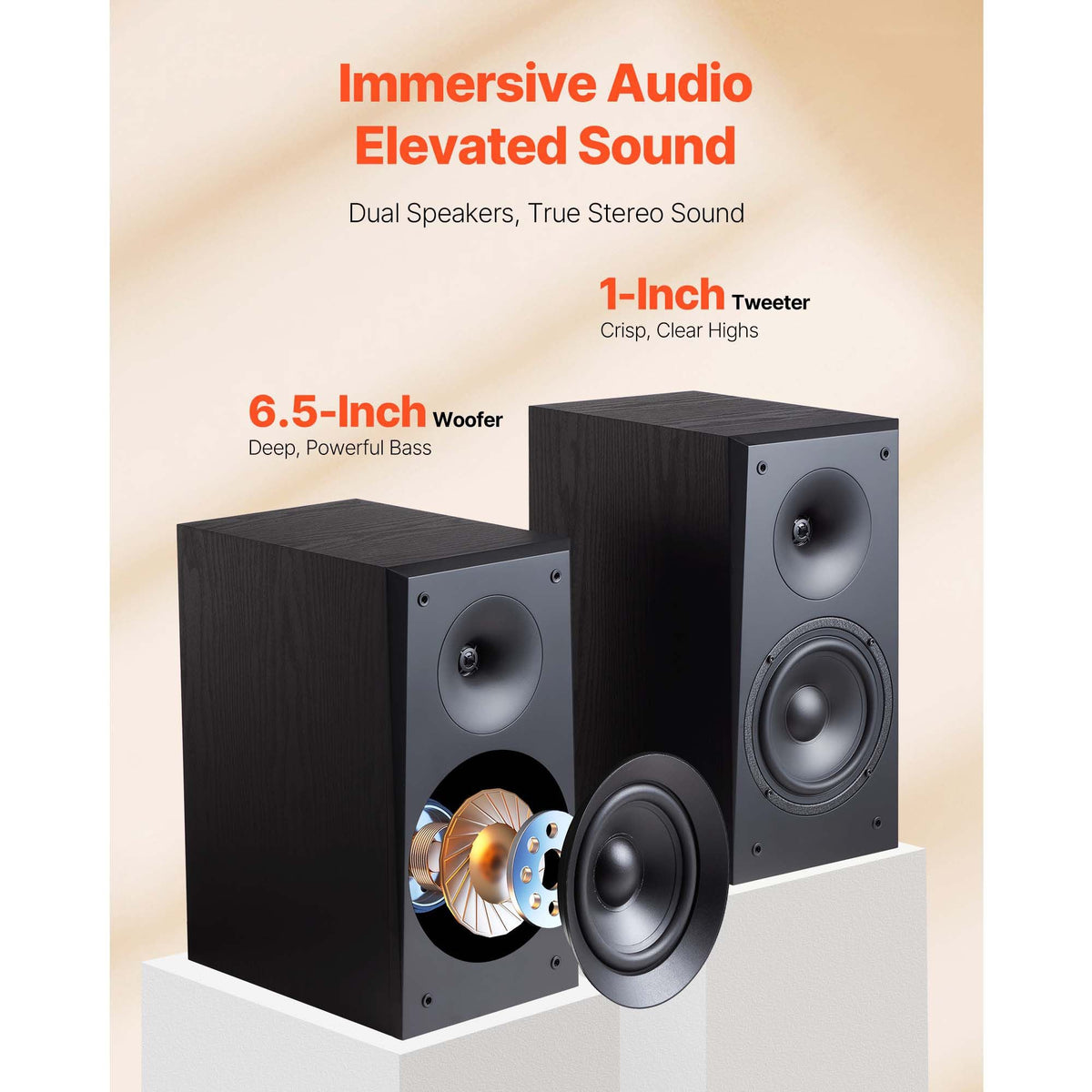 Passive Bookshelf Speaker, 300W, Book Shelf Stereo Speakers with 6.5-Inch Woofer and 1-Inch Tweeter, Detachable Grille, 55Hz-20KHz Frequency Response, Wooden Enclosure, for Home Theater (1 Pair)