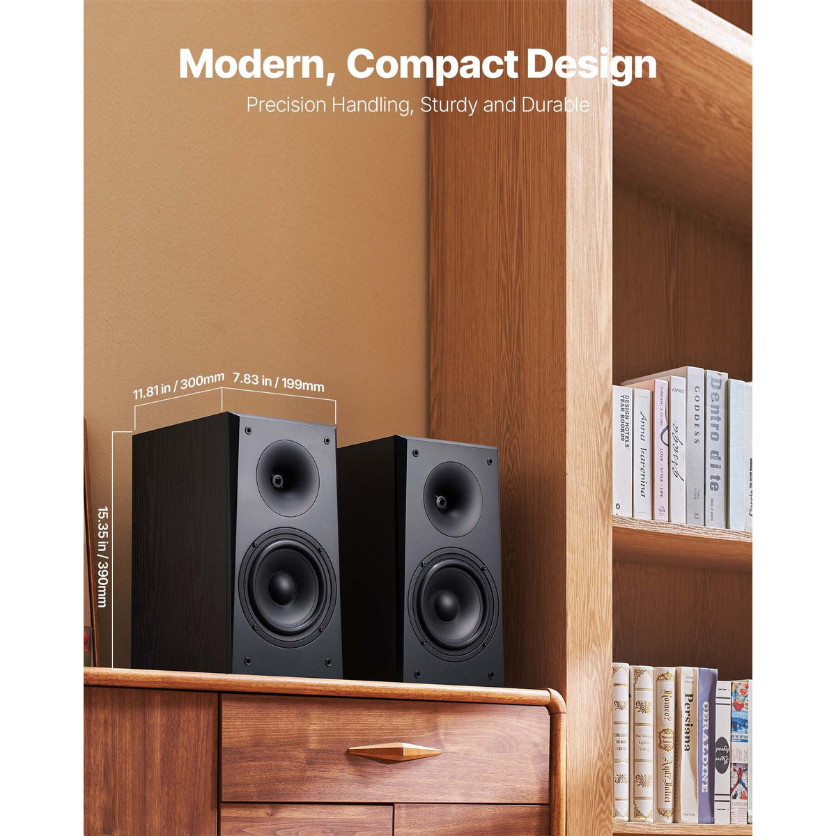 Passive Bookshelf Speaker, 300W, Book Shelf Stereo Speakers with 6.5-Inch Woofer and 1-Inch Tweeter, Detachable Grille, 55Hz-20KHz Frequency Response, Wooden Enclosure, for Home Theater (1 Pair)
