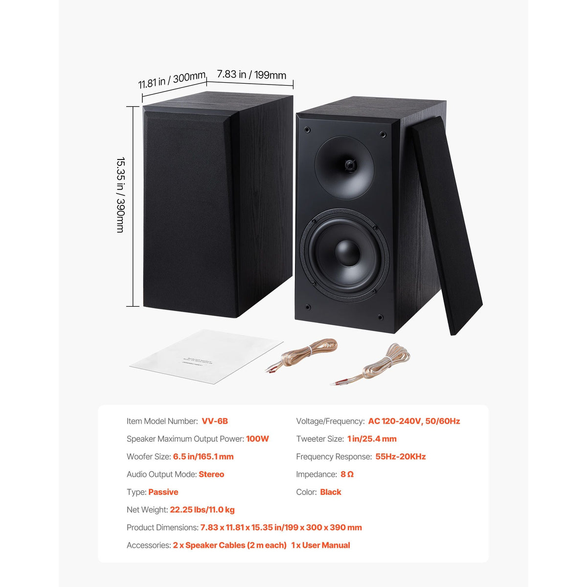 Passive Bookshelf Speaker, 300W, Book Shelf Stereo Speakers with 6.5-Inch Woofer and 1-Inch Tweeter, Detachable Grille, 55Hz-20KHz Frequency Response, Wooden Enclosure, for Home Theater (1 Pair)