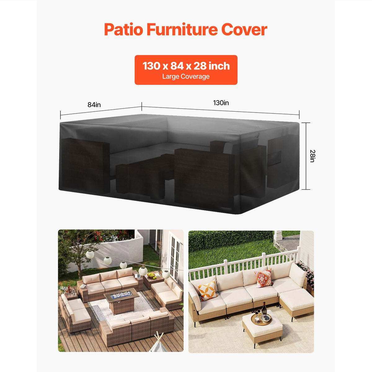 Patio Furniture Cover, 420D Heavy Duty Waterproof Outdoor Dining Table and Chairs Cover, Large Rectangular Patio Table Covers with Air Vent for All Weather, 130L x 84W x 28H inch, Black