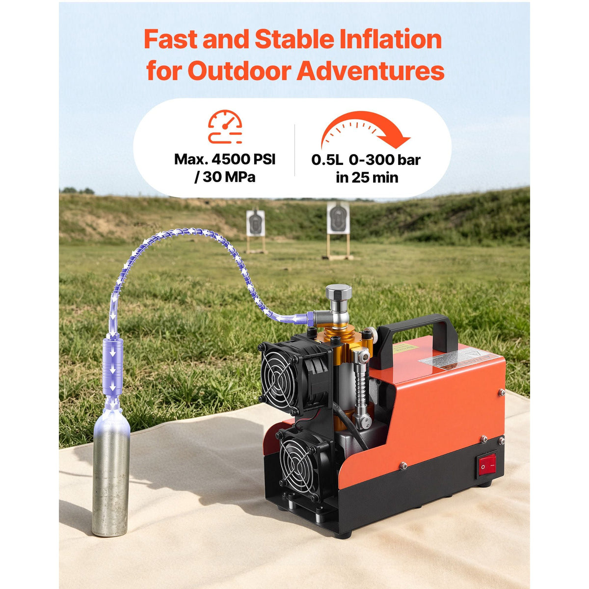 PCP Air Compressor 4500PSI PCP Airgun Compressor & External Converter, Manual Stop 250W DC12V/AC120V Portable Paintball Tank Compressors for Air Rifle, Scuba Diving Bottle