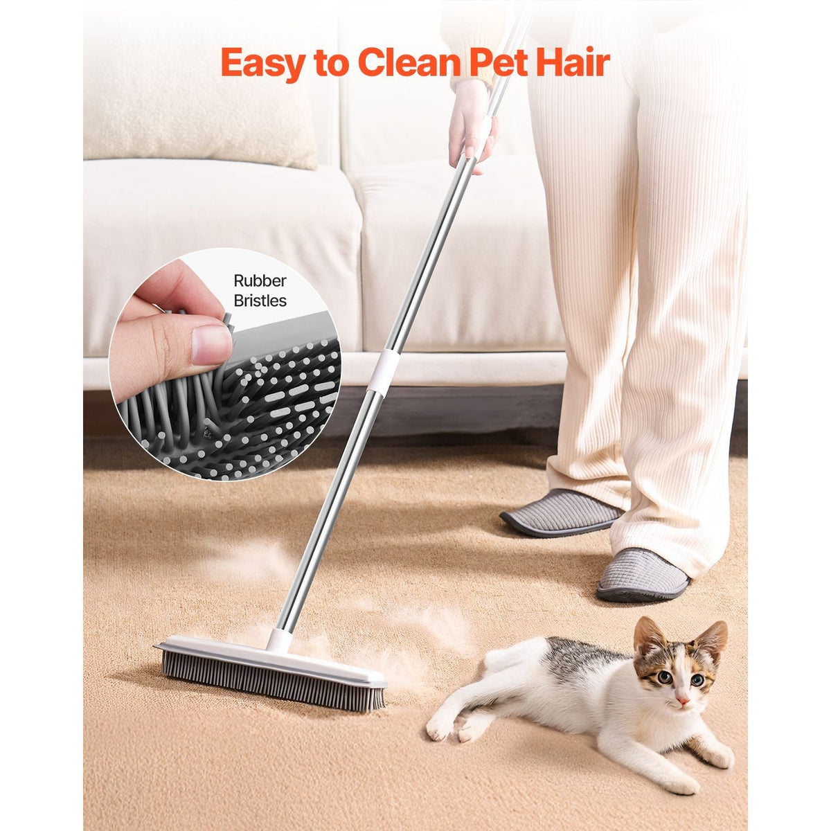 Pet Hair Removal Broom, 58.46 in Adjustable Long Handle, Rubber Broom with Built in Squeegee Reusable Dog Cat Hair Remover, for Couch Furniture Hardwood Floor Tile