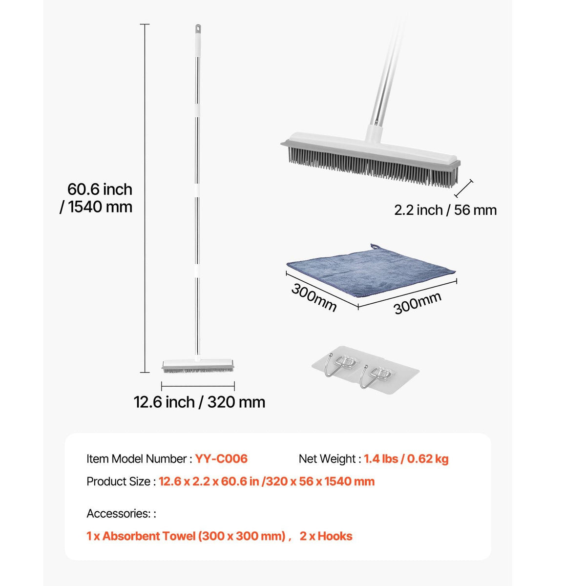 Pet Hair Removal Broom, 58.46 in Adjustable Long Handle, Rubber Broom with Built in Squeegee Reusable Dog Cat Hair Remover, for Couch Furniture Hardwood Floor Tile