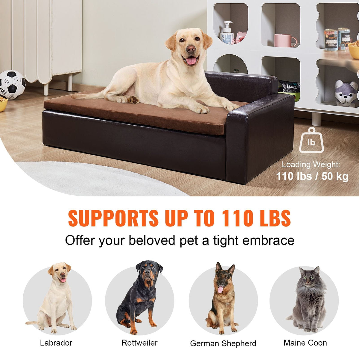 Pet Sofa, Dog Couch for Large-Sized Dogs and Cats, Soft Leather Dog Sofa Bed, 110 lbs Loading Cat Sofa, Brown