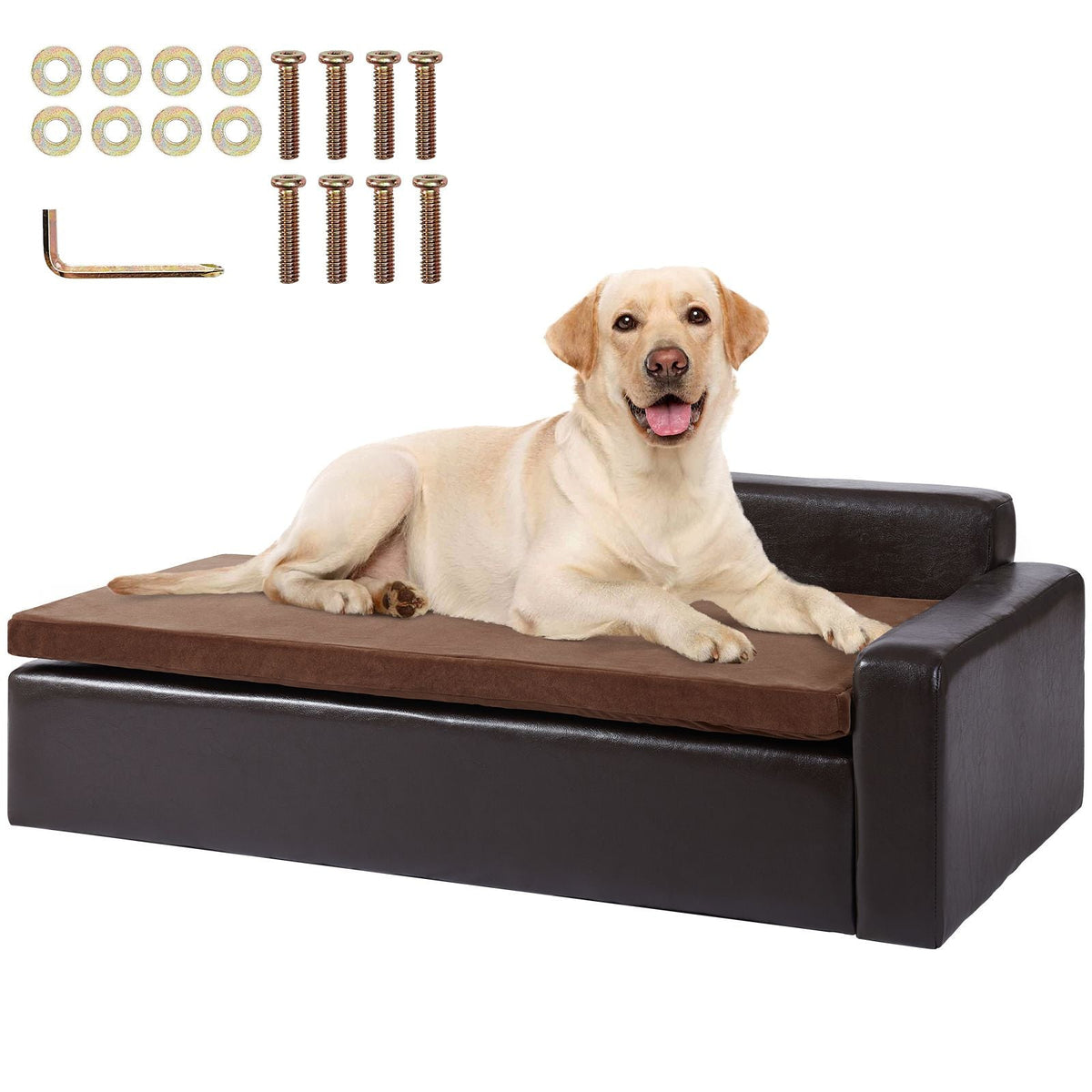 Pet Sofa, Dog Couch for Large-Sized Dogs and Cats, Soft Leather Dog Sofa Bed, 110 lbs Loading Cat Sofa, Brown