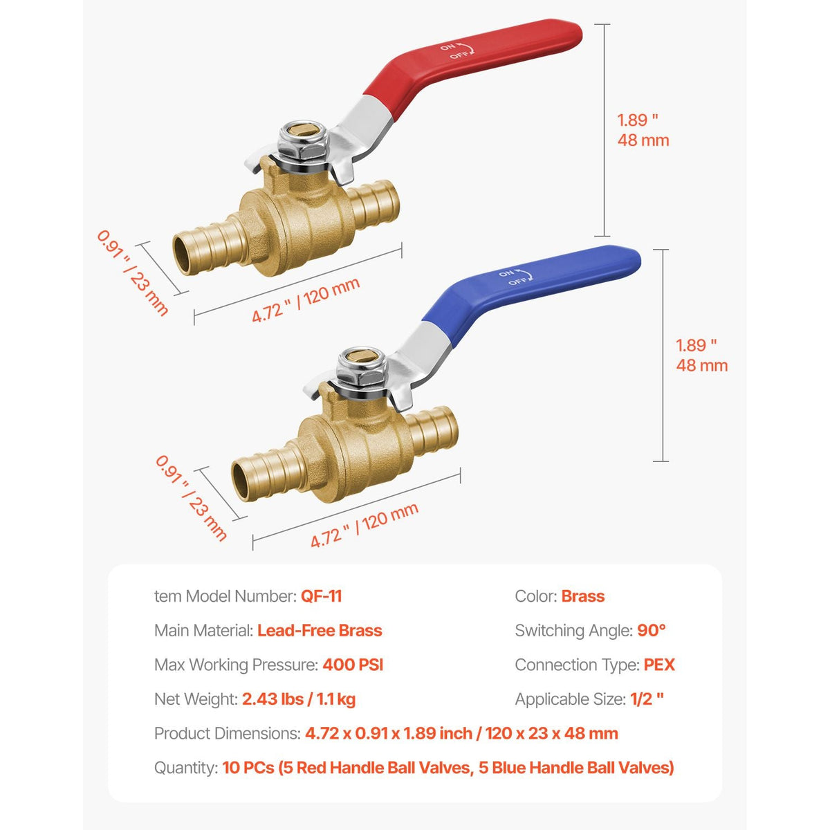 PEX Ball Valve, 10 Pieces, 1/2 in PEX Brass Ball Valve, PEX Full Port Brass Ball Valves, Quarter Turn Hot (Red) Cold (Blue) PEX Full Port Ball Valve, for Kitchen, Hydronic Heating, Bathroom