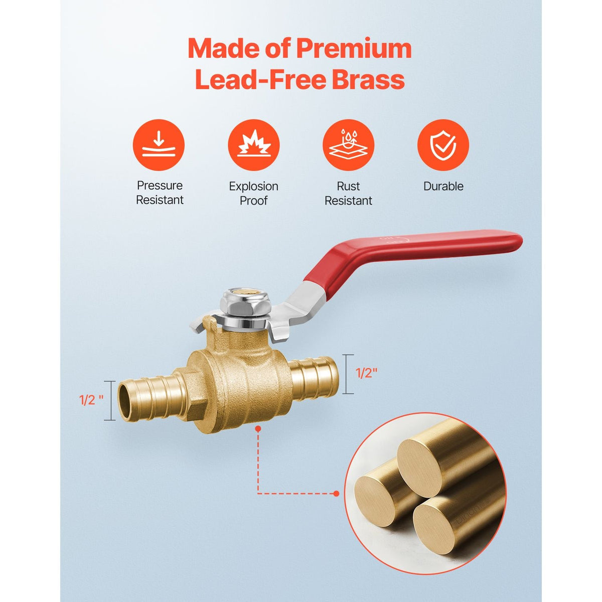 PEX Ball Valve, 10 Pieces, 1/2 in PEX Brass Ball Valve, PEX Full Port Brass Ball Valves, Quarter Turn Hot (Red) Cold (Blue) PEX Full Port Ball Valve, for Kitchen, Hydronic Heating, Bathroom