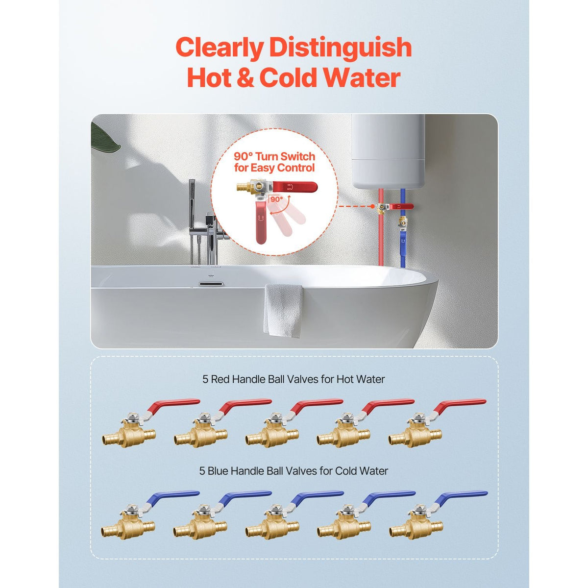 PEX Ball Valve, 10 Pieces, 1/2 in PEX Brass Ball Valve, PEX Full Port Brass Ball Valves, Quarter Turn Hot (Red) Cold (Blue) PEX Full Port Ball Valve, for Kitchen, Hydronic Heating, Bathroom