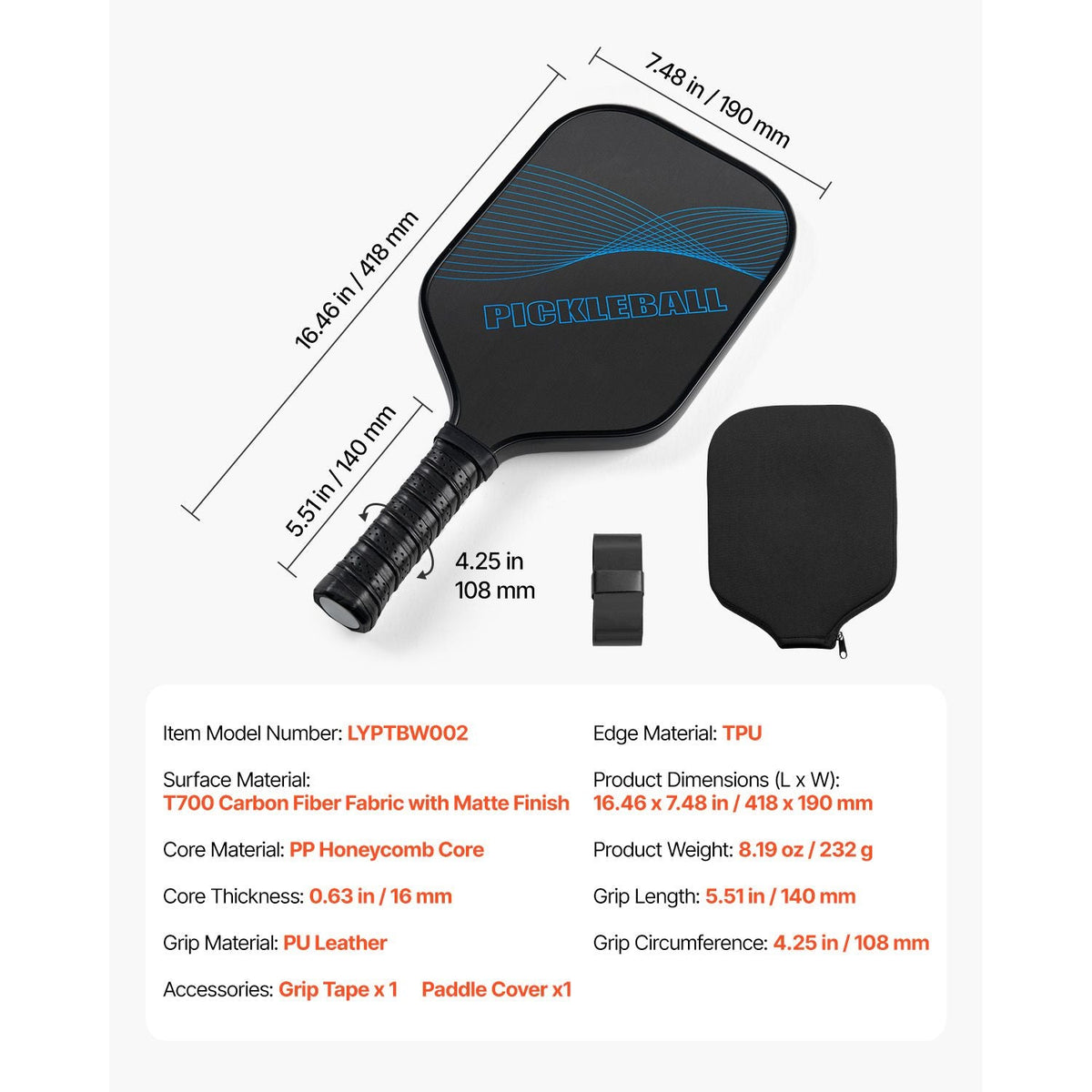 Pickleball Paddle, T700 Carbon Fiber Surface & Honeycomb Core, Professional Pickleball Paddle with Increased Power & Control & Spin, Pro Pickle Ball Racket for Adults, Men & Women, Blue