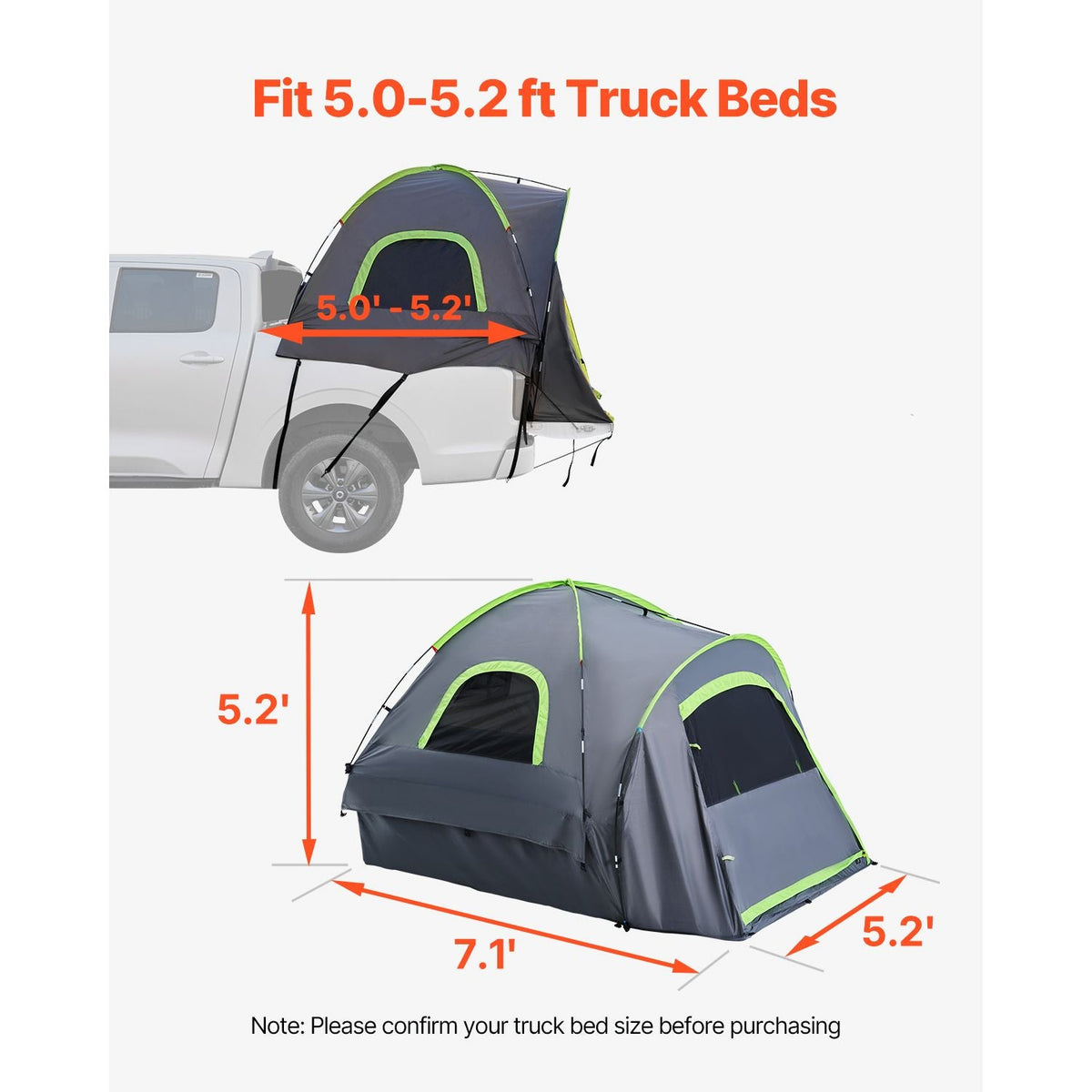 Pickup Truck Tent, Fit 5.0-5.2 ft Truck Tents for Camping, Waterproof PU2000mm 2-3 Person Sleeping Truck Bed Tent with Double Layer Design Windows, Sturdy Truck Bed Camper Shell with Storage Bag
