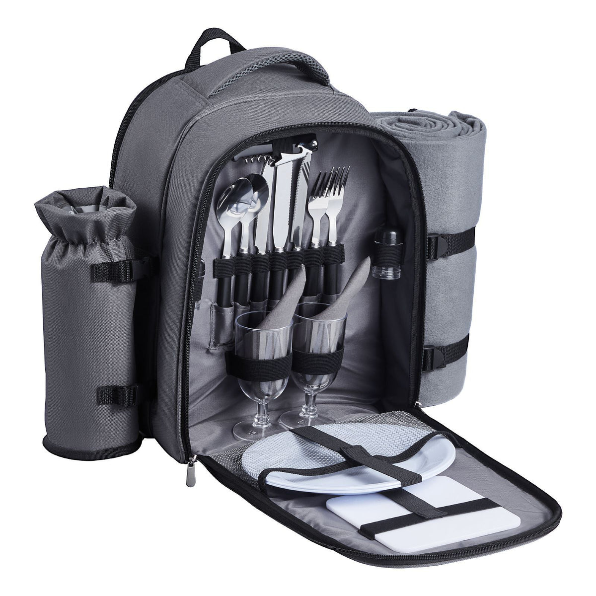 Picnic Backpack, Beach Picnic Backpack Bag for 2 Person with Insulated Cooler Compartment, Detachable Bottle/Wine Holder, Lightweight Blanket, Plates and Cutlery Set for Hiking, Camping, Grey