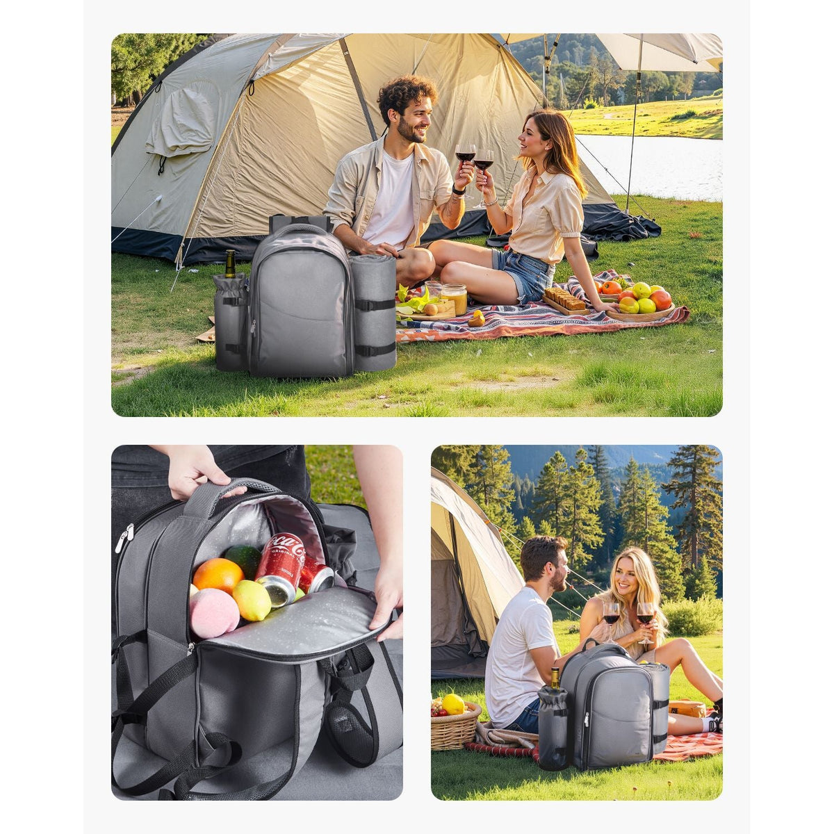 Picnic Backpack, Beach Picnic Backpack Bag for 2 Person with Insulated Cooler Compartment, Detachable Bottle/Wine Holder, Lightweight Blanket, Plates and Cutlery Set for Hiking, Camping, Grey