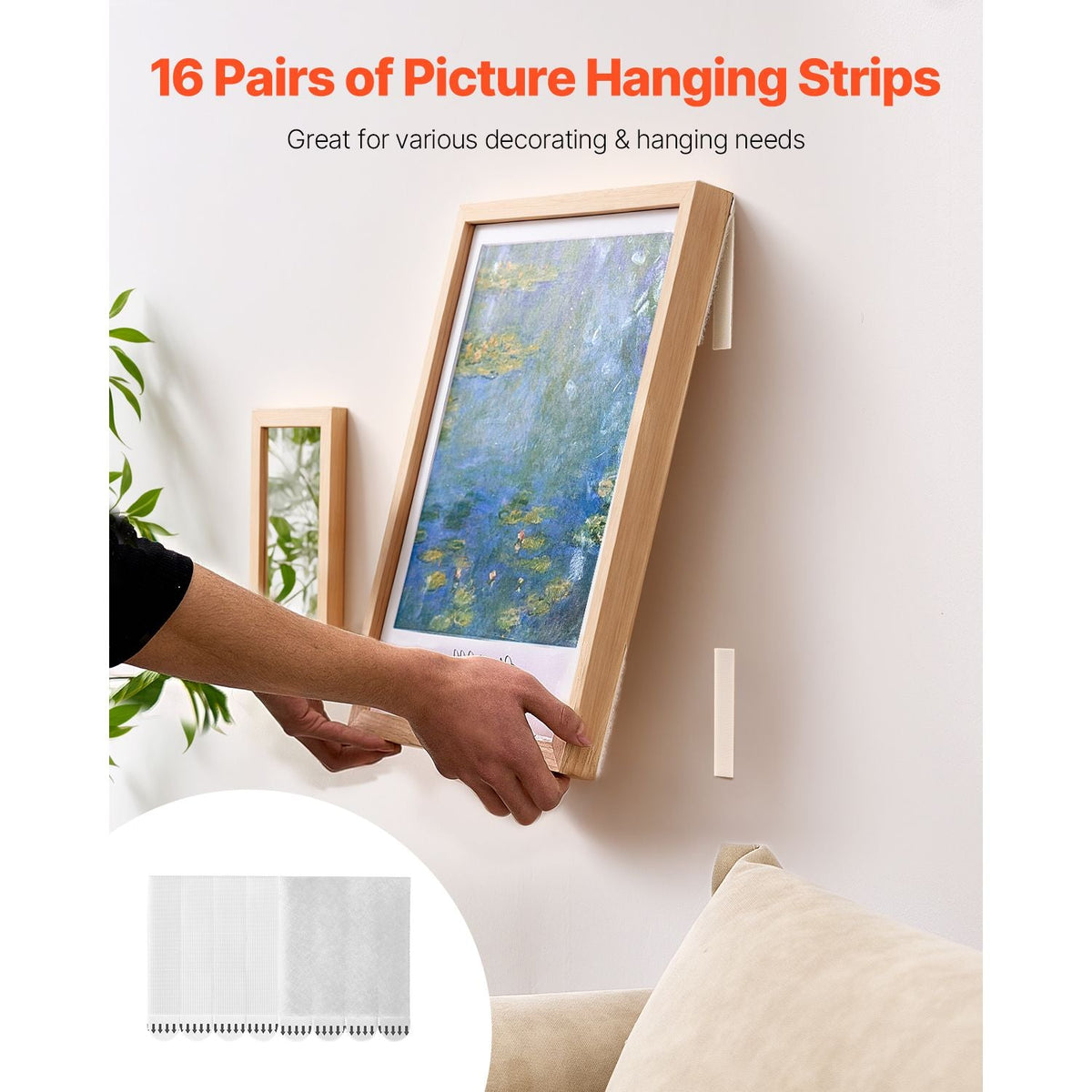 Picture Hanging Strips, 16 Pairs, X-Large Picture Hangers with Removable Adhesive, Hook & Loop Strips, Wall Hanging Strips for Damage Free Picture Hanger, Mounting of Photos, Frames, Wall Decor