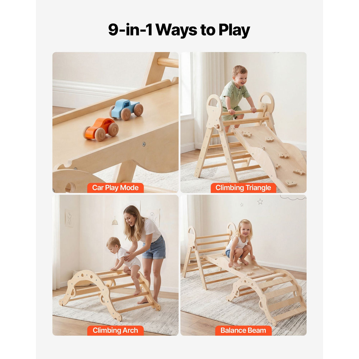 Pikler Triangle Set, 9-in-1 Toddler Climbing Toys Indoor, with 2 Wooden Cars, Cushion, Triangle, Arch, and Ramp, 150 lbs Load, Foldable Montessori Climbing Set for Toddlers and Kids, Wood Color