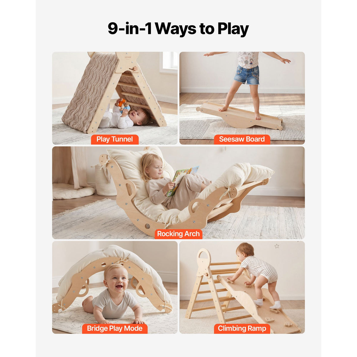 Pikler Triangle Set, 9-in-1 Toddler Climbing Toys Indoor, with 2 Wooden Cars, Cushion, Triangle, Arch, and Ramp, 150 lbs Load, Foldable Montessori Climbing Set for Toddlers and Kids, Wood Color